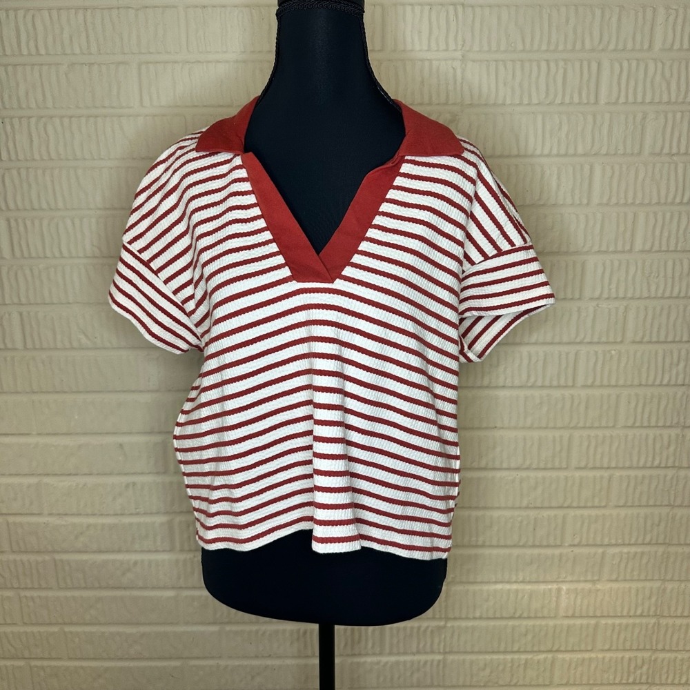 Madewell Striped V-Neck Short Sleeve Top in Rust and White